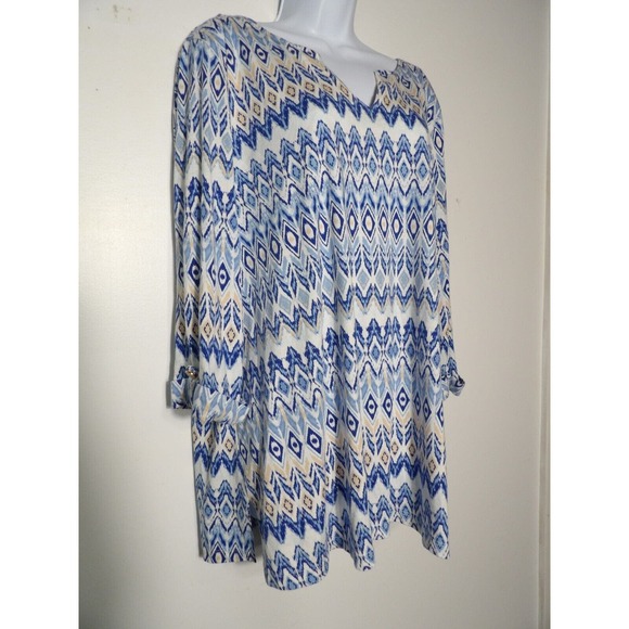 Jessica London 22/24 1X Tunic Boho Geometric Blue 3/4 Sleeve V Neck Peasant - Picture 3 of 11